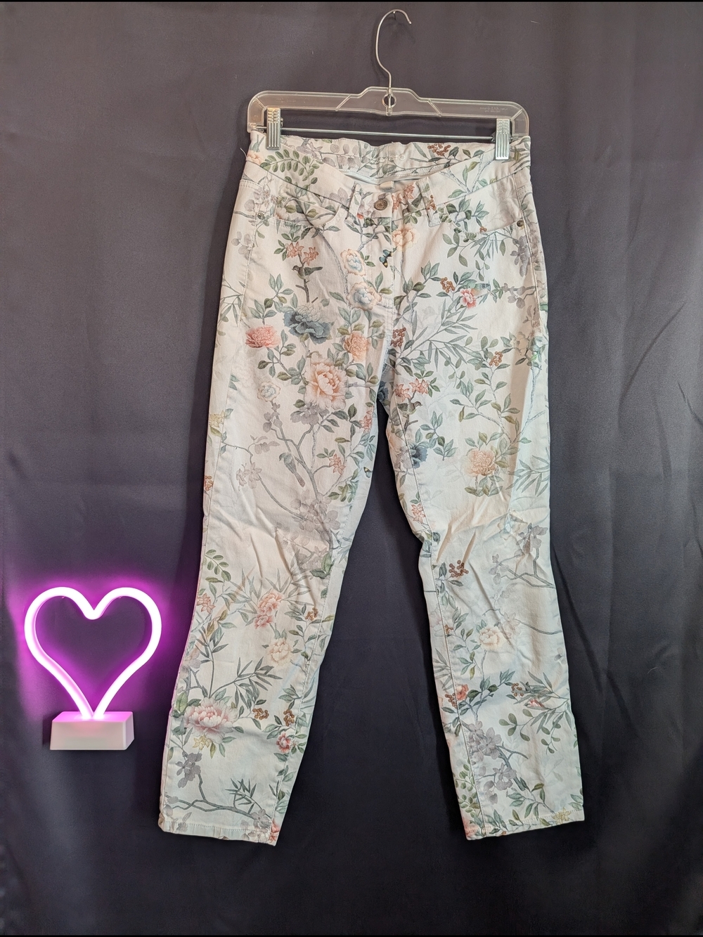 Floral Print Ankle Jeans - Pastel Green Pink White Spring Ankle Cut Feminine